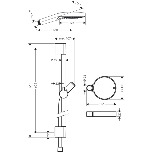 Душевой гарнитур hansgrohe Raindance Select S 120 3jet PowderRain со штангой 65 см и мыльницей 27944000, хром