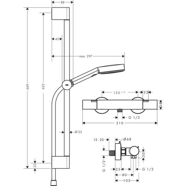 Душевой набор hansgrohe Pulsify Select S 105 3jet Relaxation EcoSmart с термостатом Ecostat Fine и душевой штангой 65 см, 24262670, матовый черный