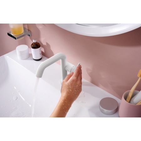 Смеситель для раковины hansgrohe Tecturis S 110 Fine CoolStart, EcoSmart+, с донным клапаном Push-Open, 73320700, матовый белый