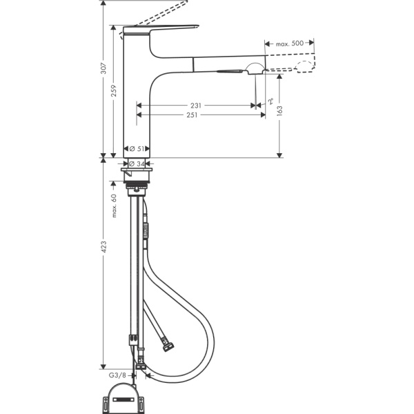 Смеситель для кухонной мойки hansgrohe Zesis M33 160, с вытяжным душем 2jet 74804800, под сталь