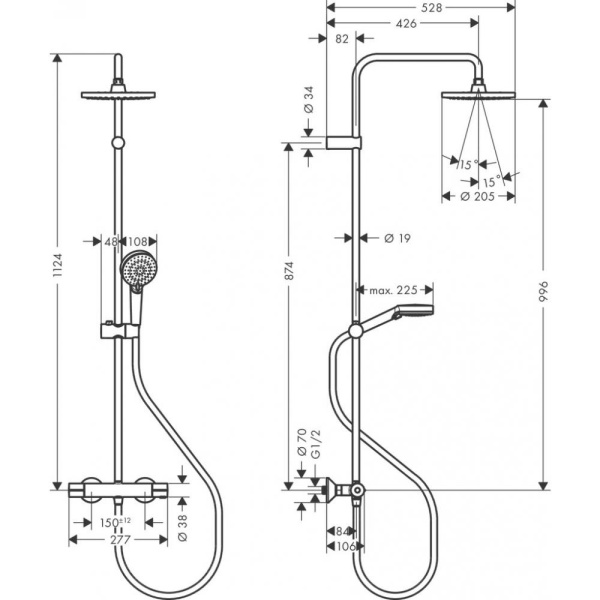 Душевая система Showerpipe 230 1jet с термостатом, Green Hansgrohe Vernis Shape 26318000, хром